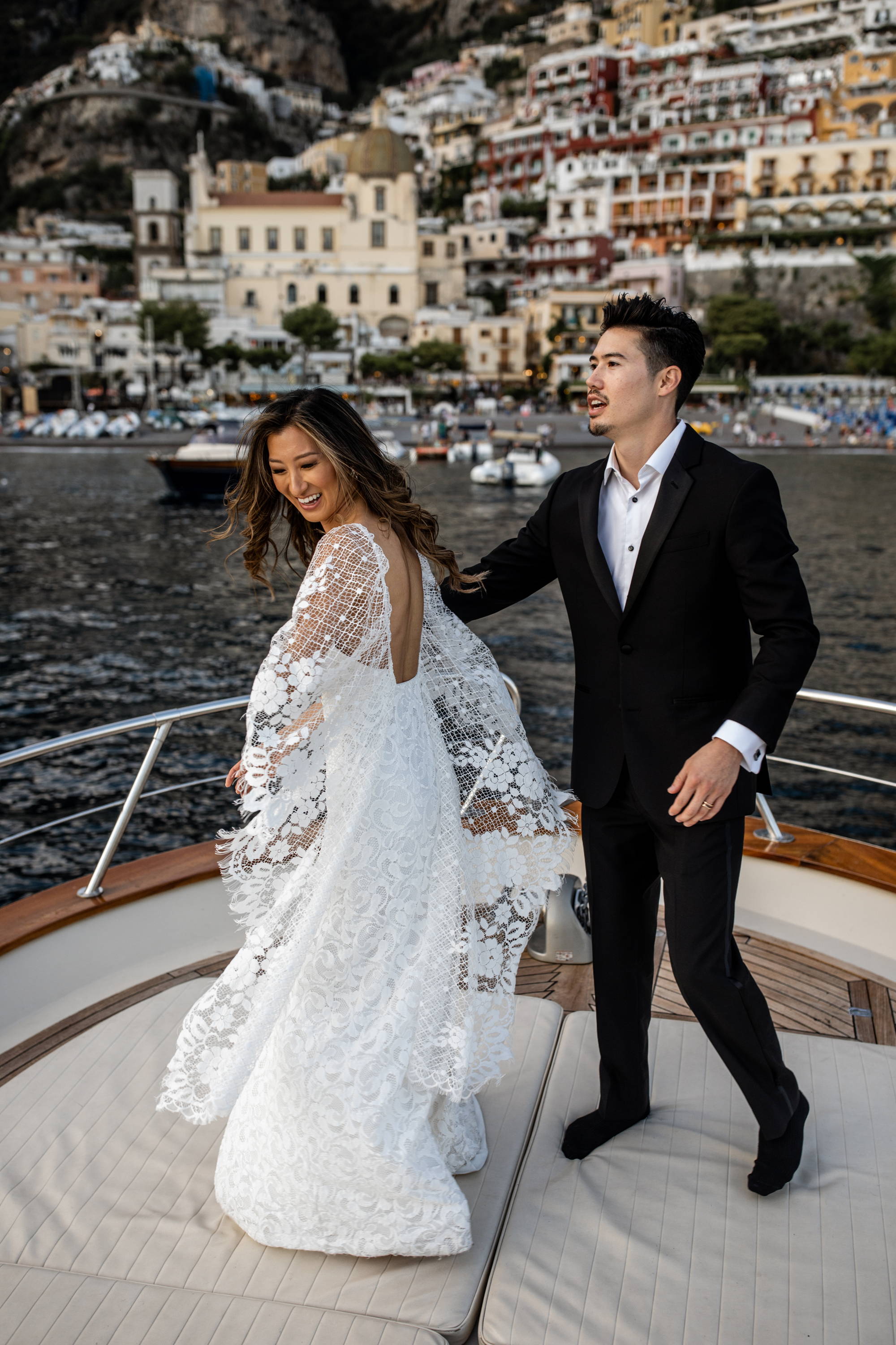 Bride and groom on a yacht in the Amalfi Coast