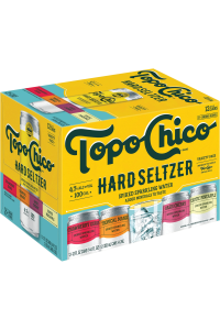 Topo Chico Hard Seltzer variety pack with colorful cans and yellow packaging.