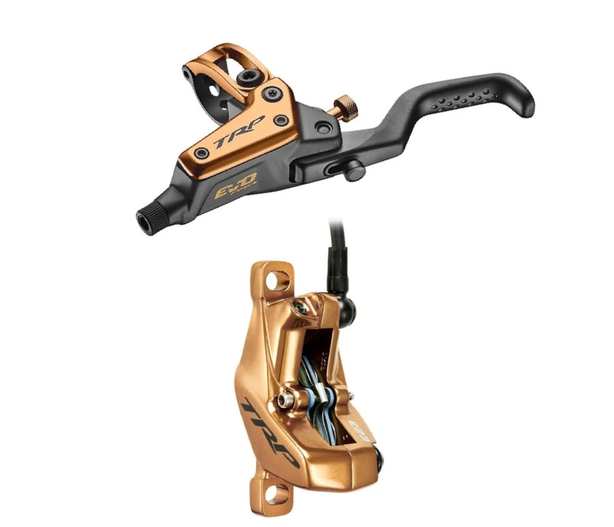 Bicycle brake lever and caliper in black and gold colors.