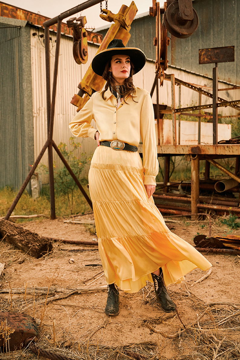 Kaylin wearing the Ada Blouse and Emma Skirt with Double D Ranch jewelry and accessories.