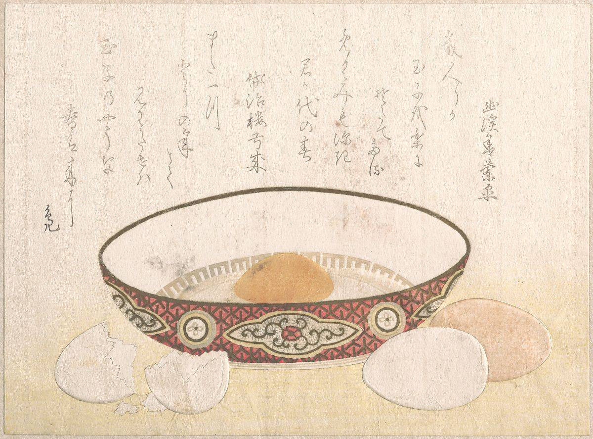 Japanese antique woodblock print showing bowl with cracked eggs