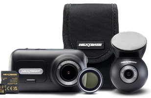 A dashcam kit with camera, modules, and carry case.