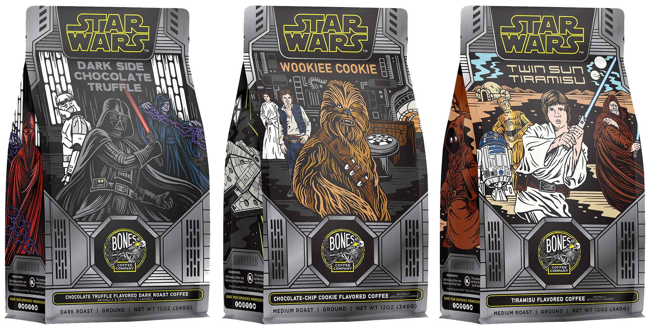 Three 12 ounce bags of flavored coffee inspired by Lucasfilm’s Star Wars. From left to right their names are Dark Side Chocolate Truffle, Wookiee Cookie, and Twin Sun Tiramisu. Their arts feature Darth Vader, Chewy, and Luke Skywalker respectively.