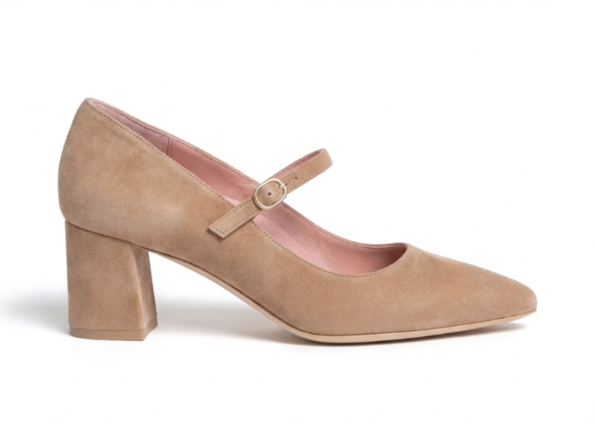 Beige suede Mary Jane heels with a block heel.
