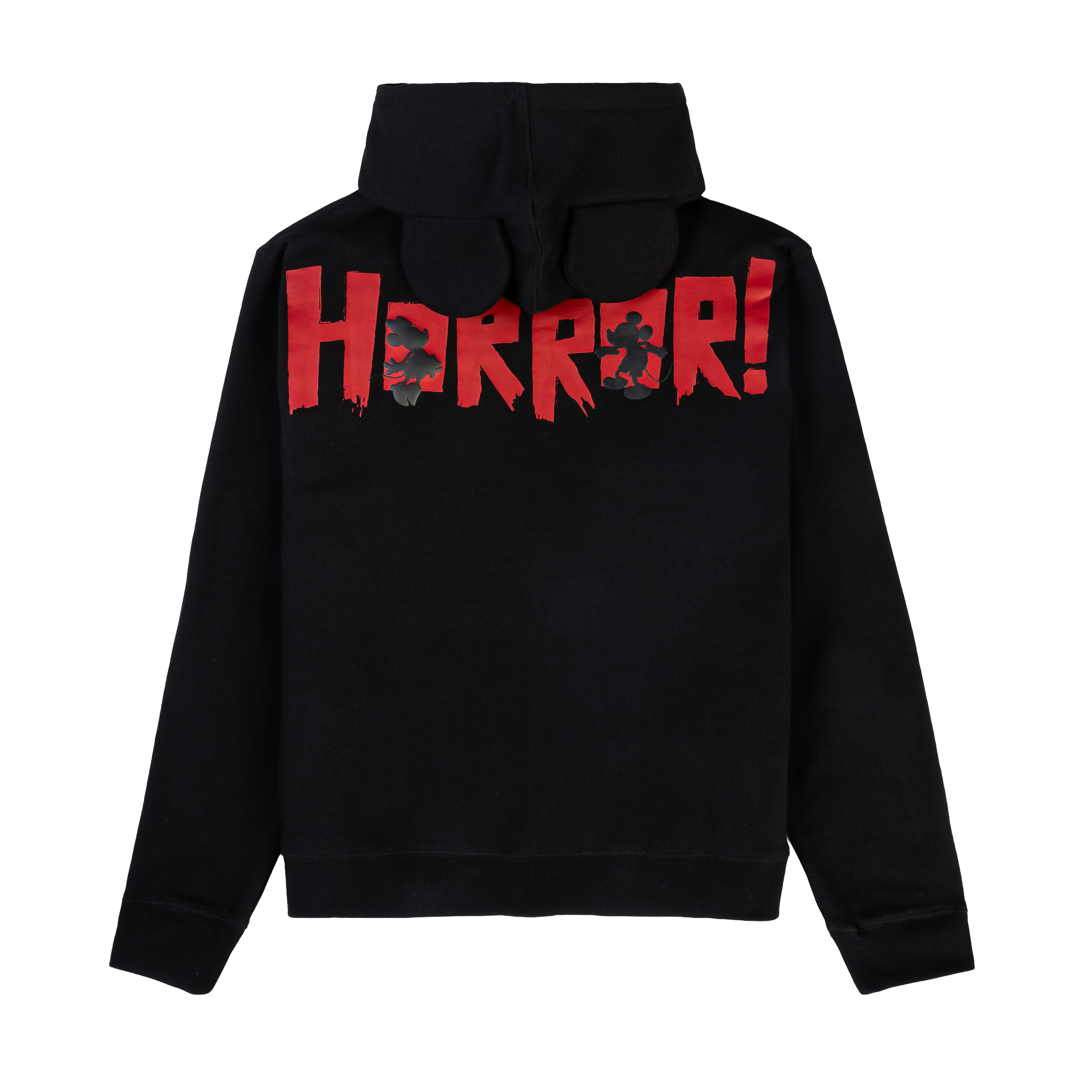 Black hoodie featuring a large Mickey Mouse graphic on the front.