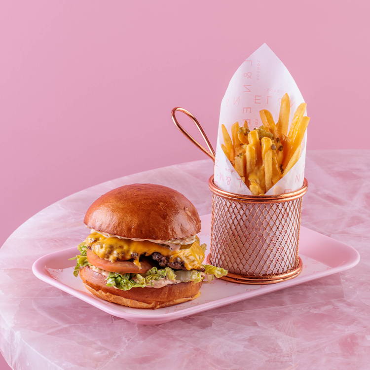 EL&N London burger, American style smash burger, pink diner burger with skinny cheesy fries