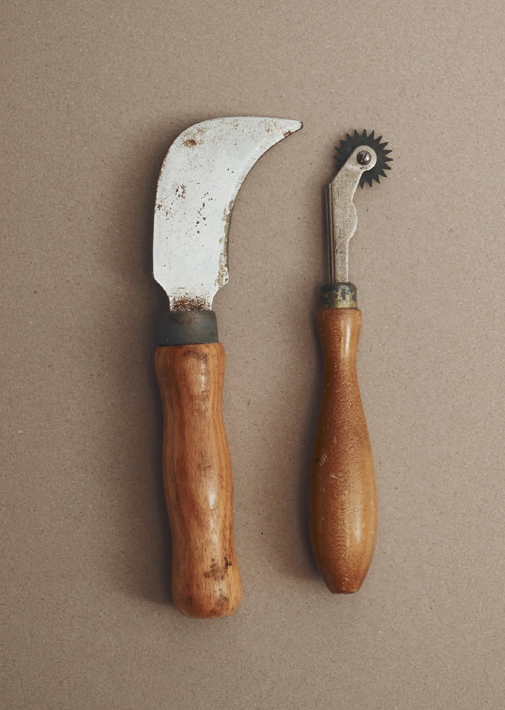 Two hand tools with wooden handles on a neutral background.