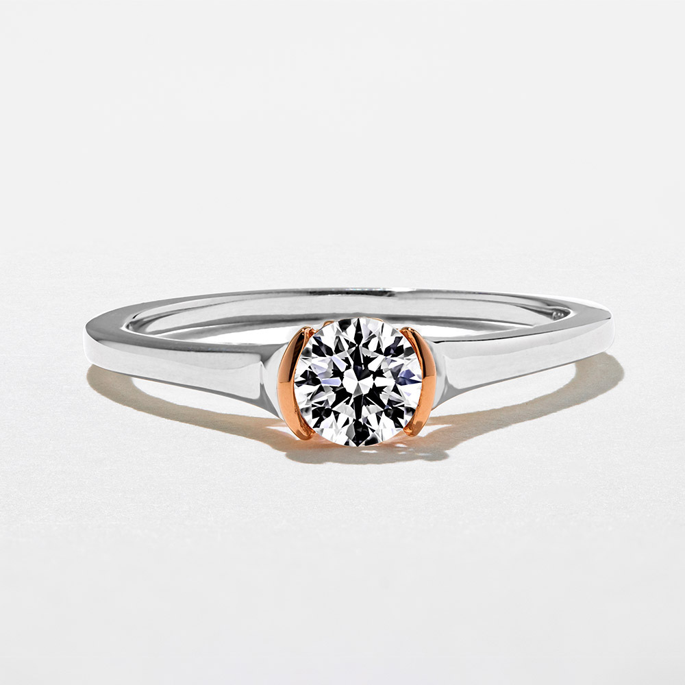 modern minimalistic style two tone rose and white gold ring with bezel sat lab created diamond