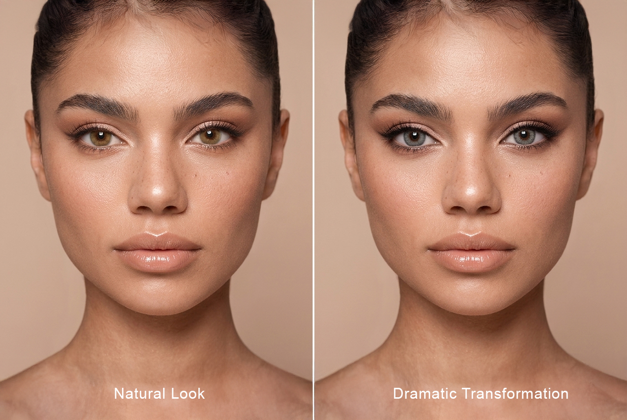 Side-by-side comparison of natural-looking warm honey colored contacts versus dramatic grey colored contacts on dark brown eyes