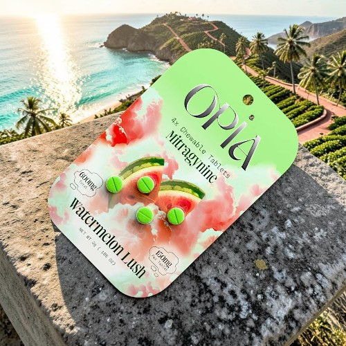 Watermelon-flavored gummies on a stone surface with a scenic ocean background.