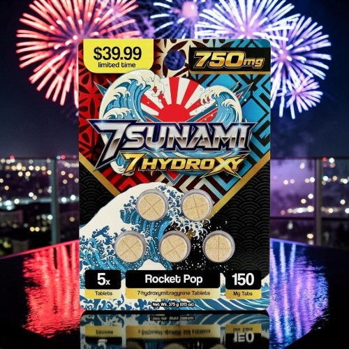 Box of 7 Sunami Hydrox Rocket Pop with fireworks in background.