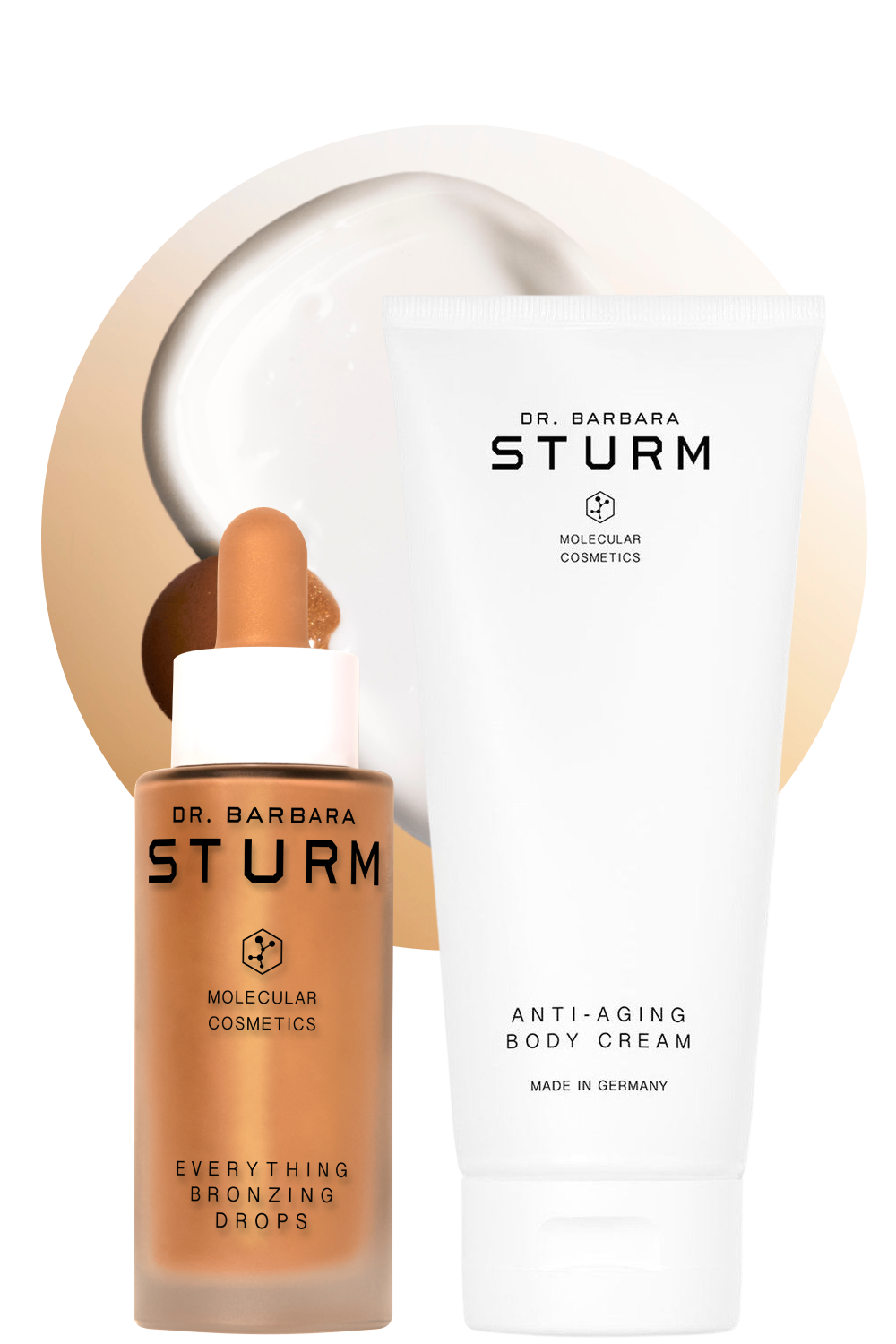 Two skincare products from Dr. Barbara Sturm: bronzing drops and body cream.