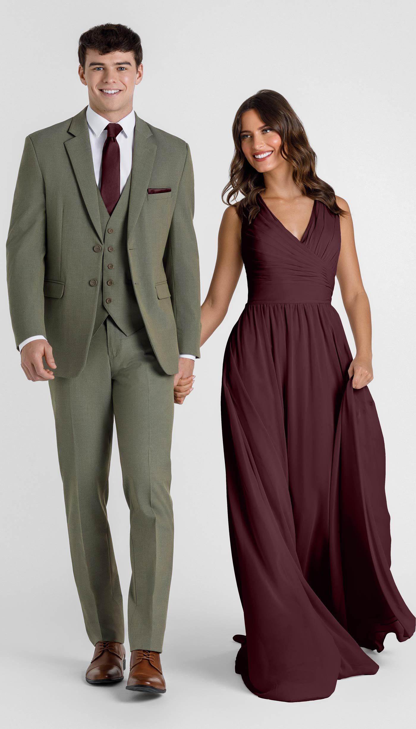 Sage suit with bordeaux bridesmaids dress
