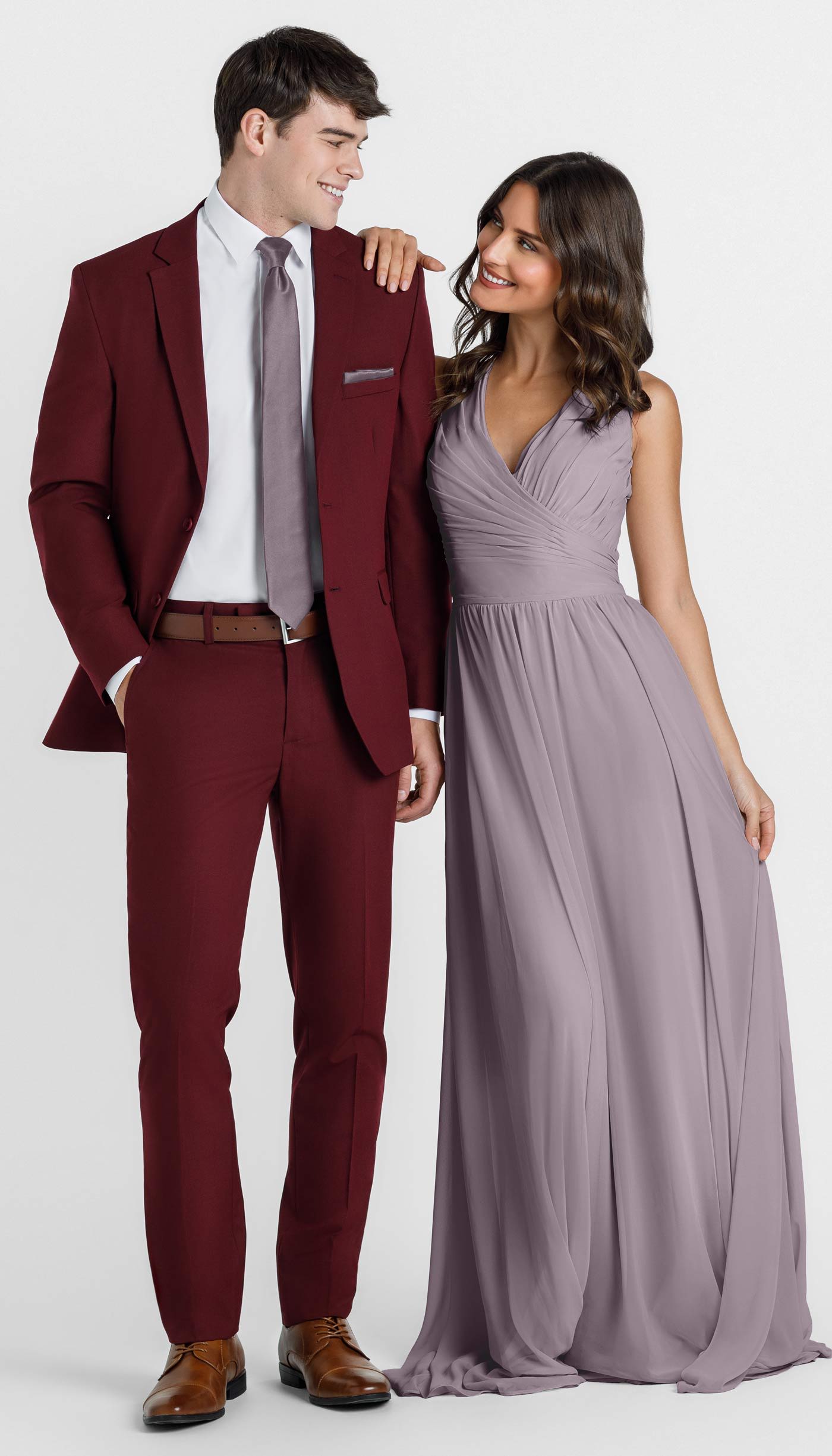 burgundy suit with french lilac bridesmaid dress