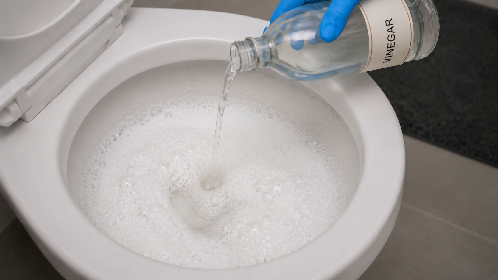 Person pouring liquid into a toilet bowl while wearing blue gloves.