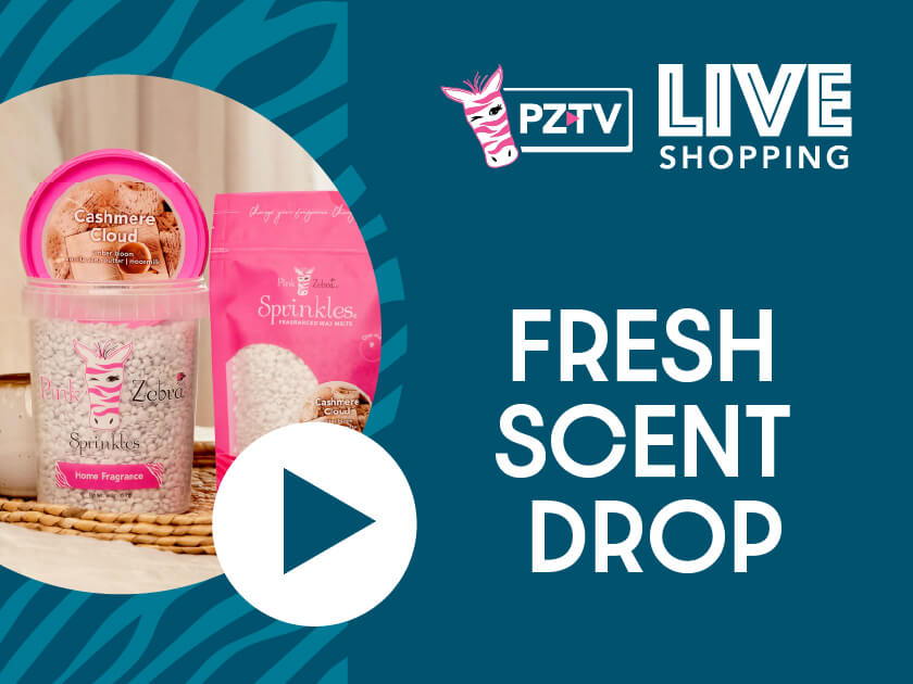 PZTV Live Shopping featuring Fresh Scent Drop products with a play button.