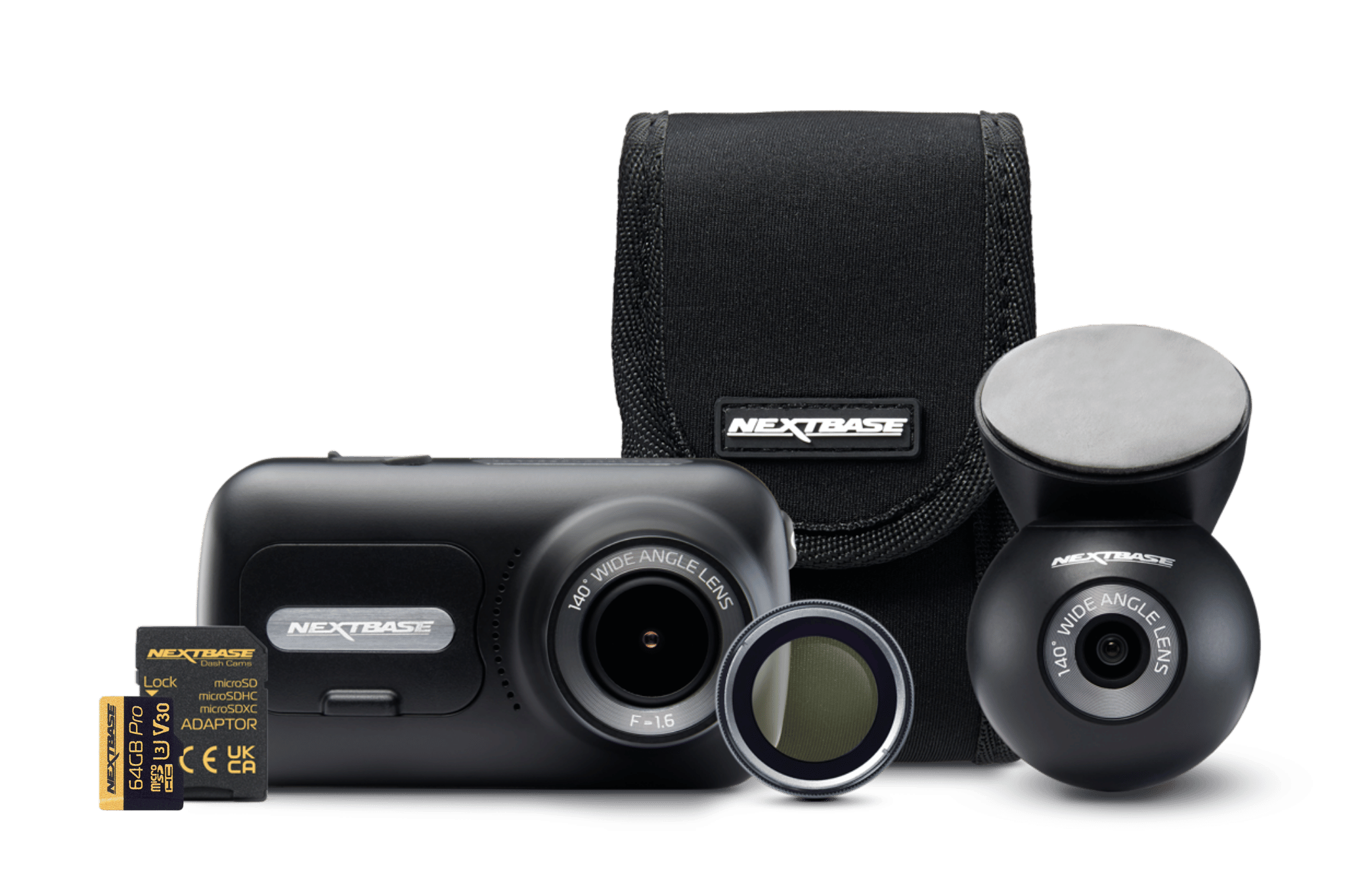Dashboard camera with accessories and carrying case.