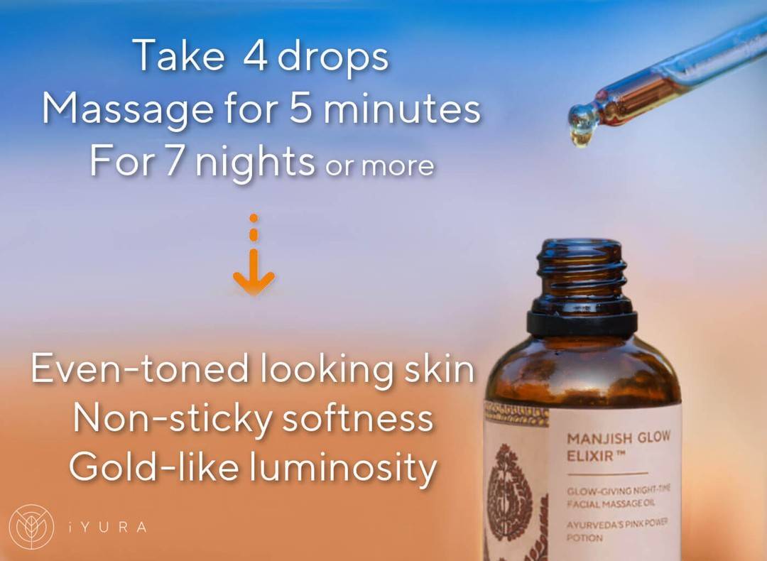 Gotas frescas de iYURA Manjish Glow Elixir con texto: Tomar 4 gotas, masajear durante 5 minutos, durante 7 noches para lograr una piel uniforme y sin imperfecciones. Suavidad no pegajosa y una luminosidad dorada.
