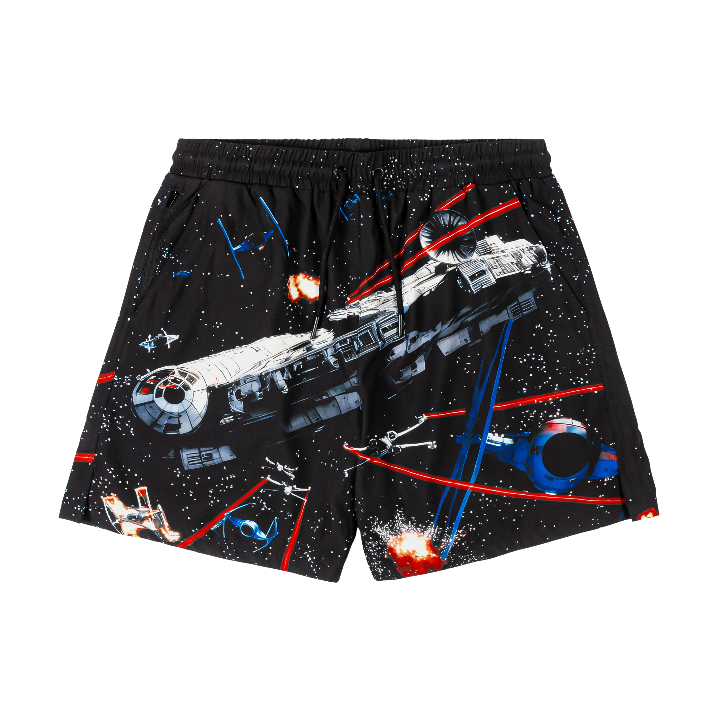 Black swim trunks with a space-themed design featuring starships and laser blasts.