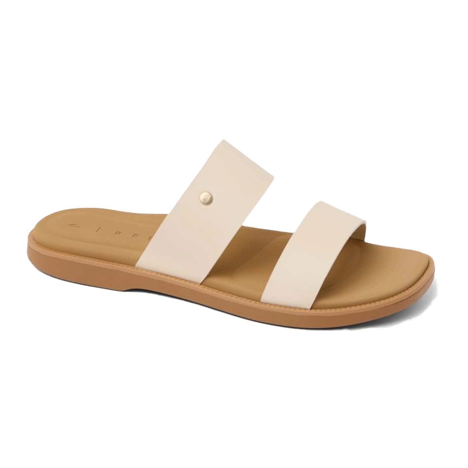 A pair of beige slide sandals with two straps.
