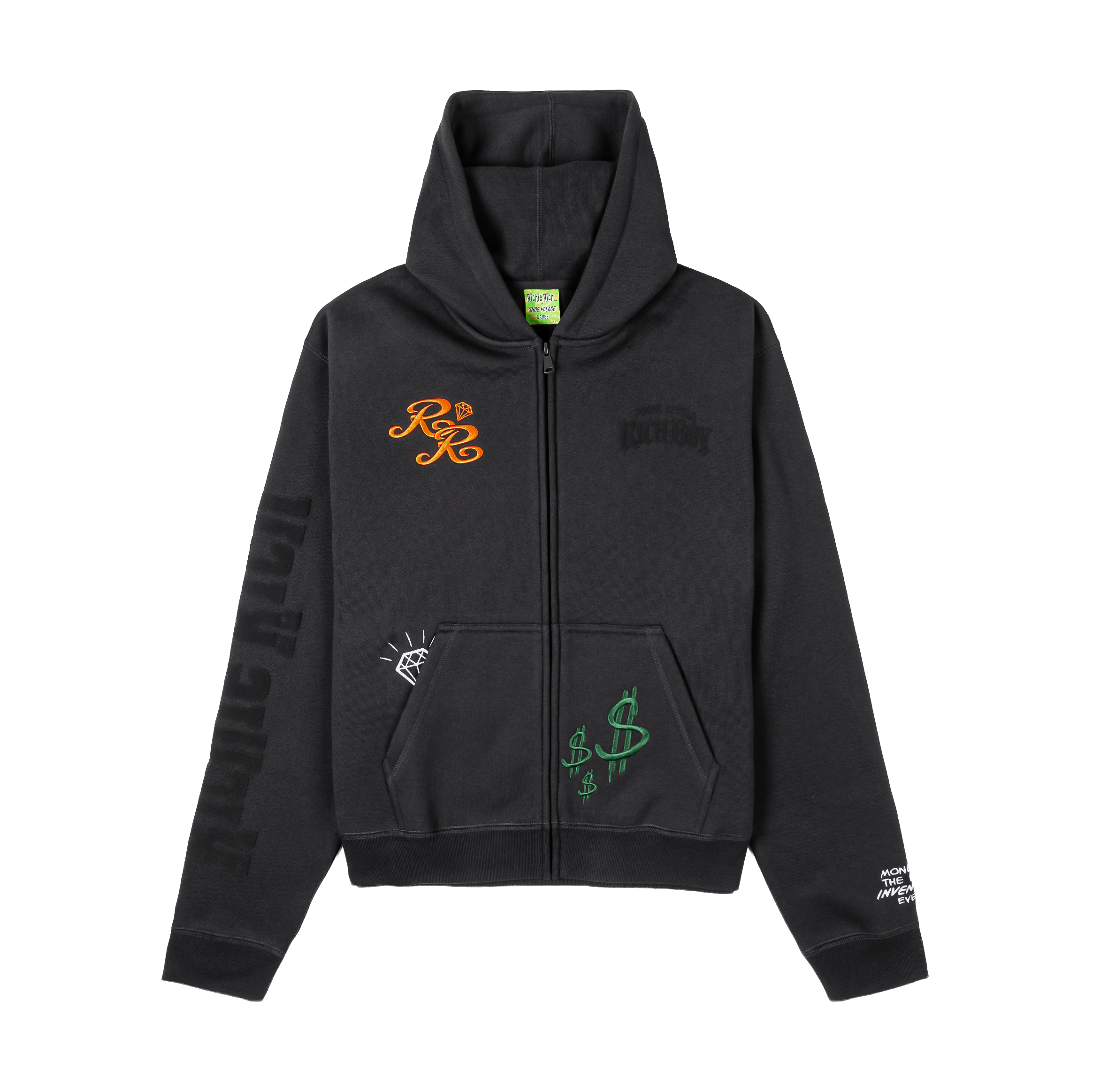 Black zip-up hoodie with colorful graphic designs and a front pocket.