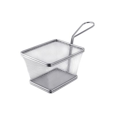 A square metal food serving basket with a handle
