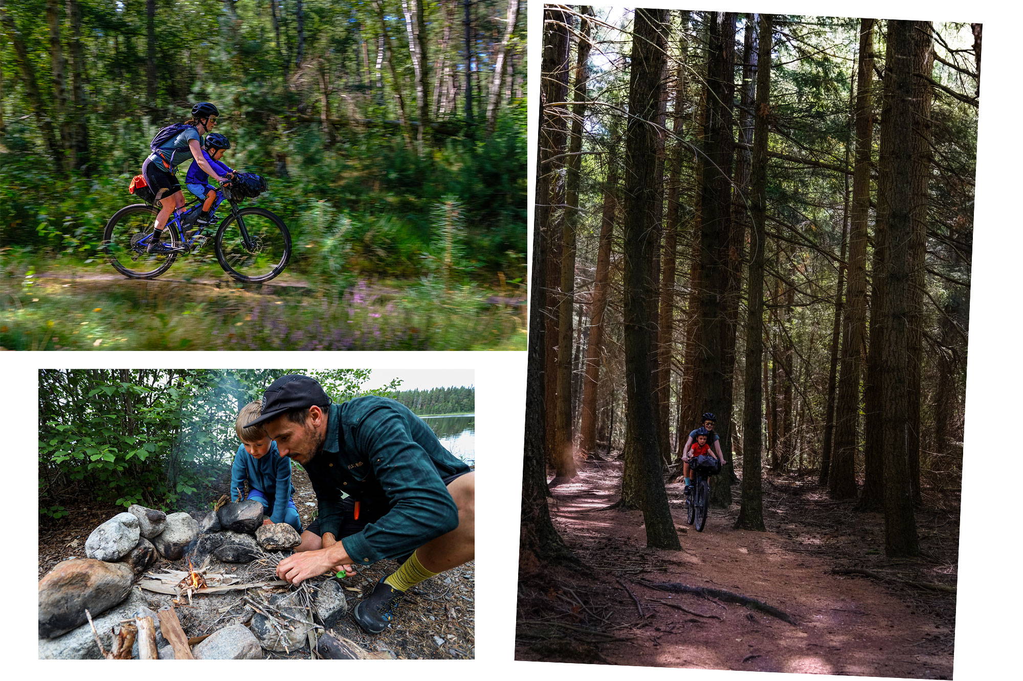 Collage of riding photos, building a fire