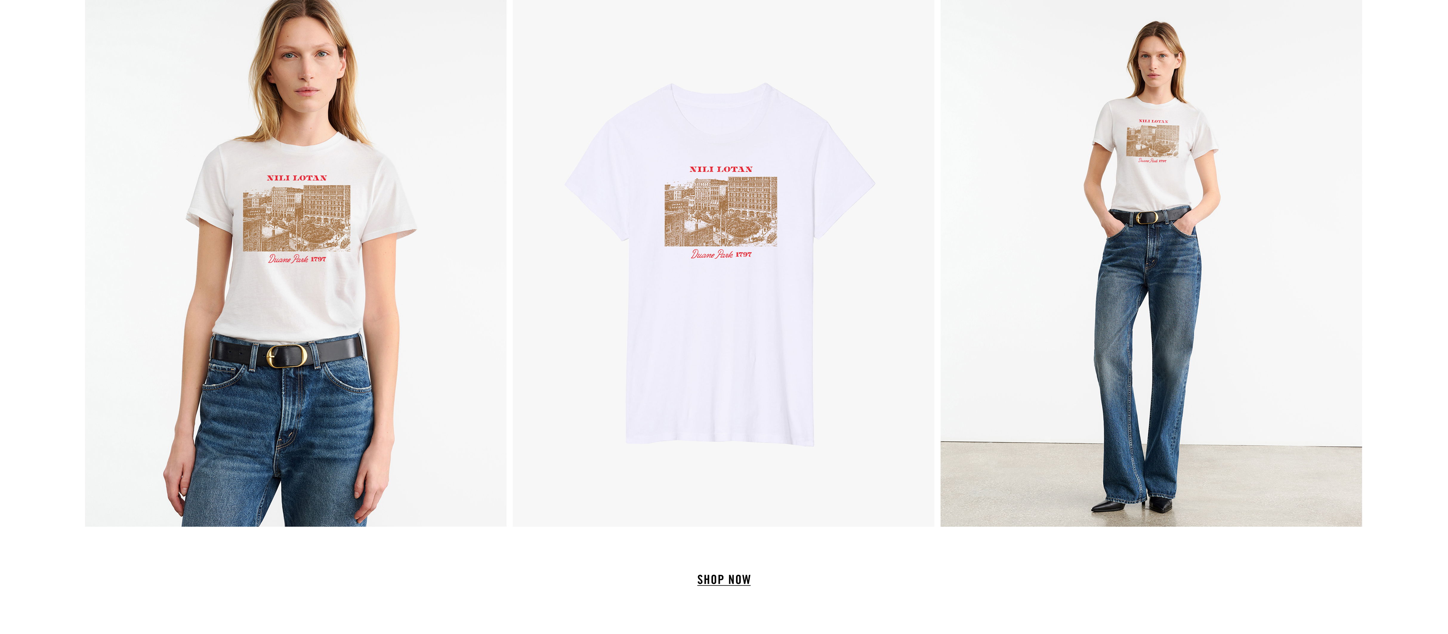 Model wearing a white t-shirt with graphic design and blue jeans.