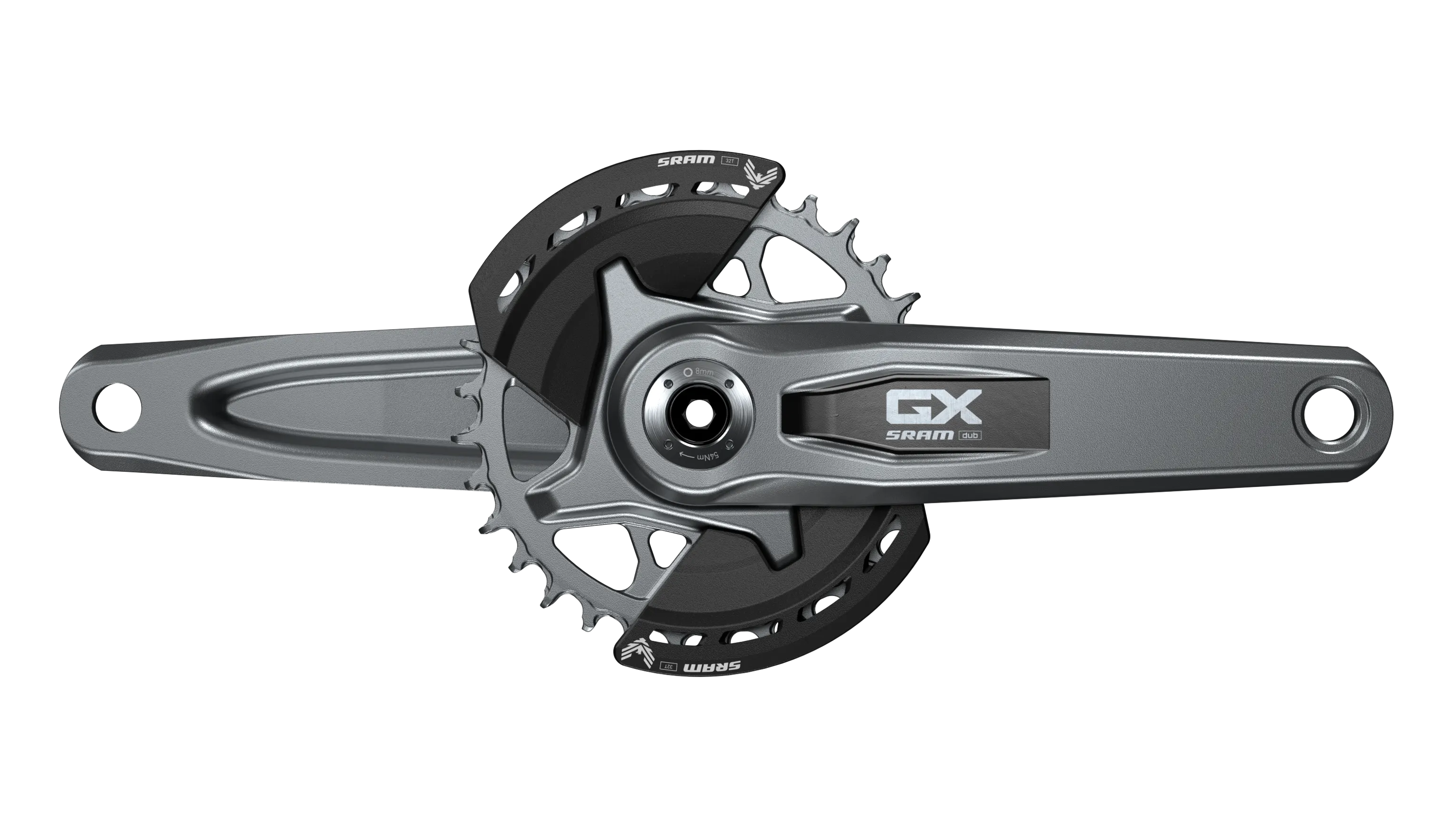 sram gx eagle transmission crankset and chainring with bash guards on a white background