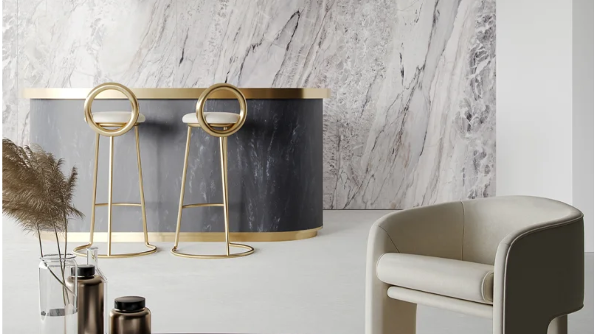 Modern reception area with Alluslate marble effect wall panels, stylish reception desk and elegant chair.