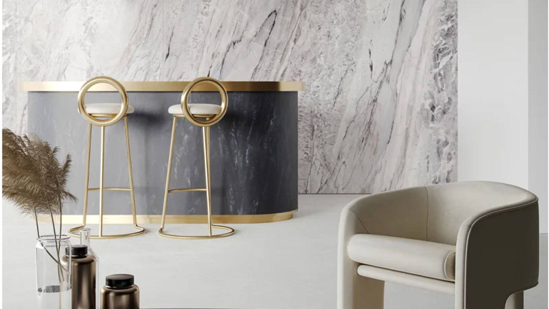 Modern reception area with Alluslate marble effect wall panels, stylish reception desk and elegant chair.