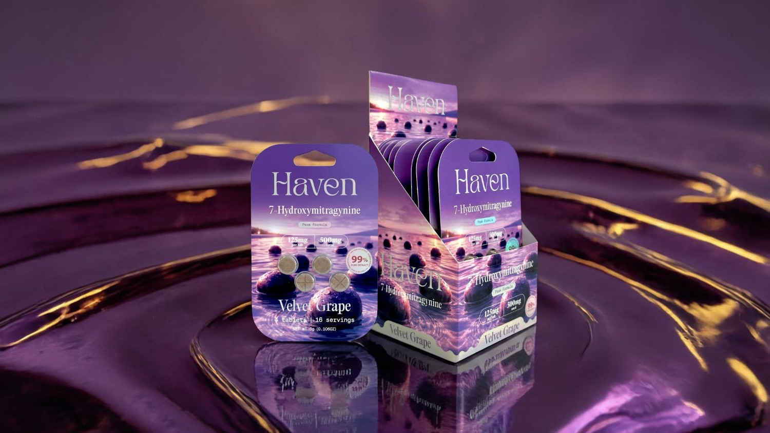Three packs of Haven products on a reflective surface with purple background.