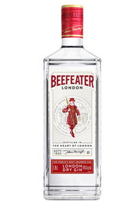 Beefeater London Dry Gin bottle with red label and white background.