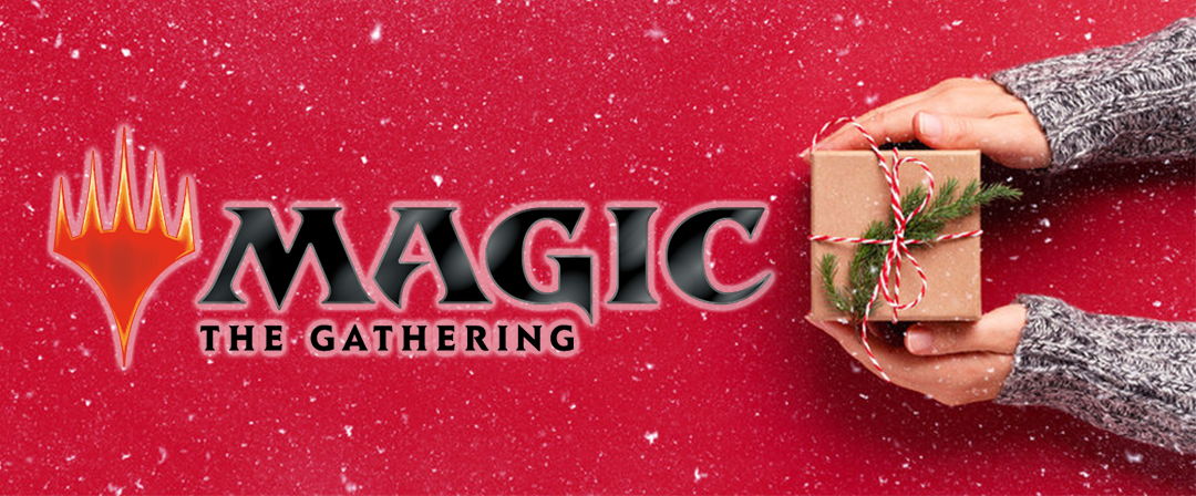 MTG logo coated in snow with a gift by the side.