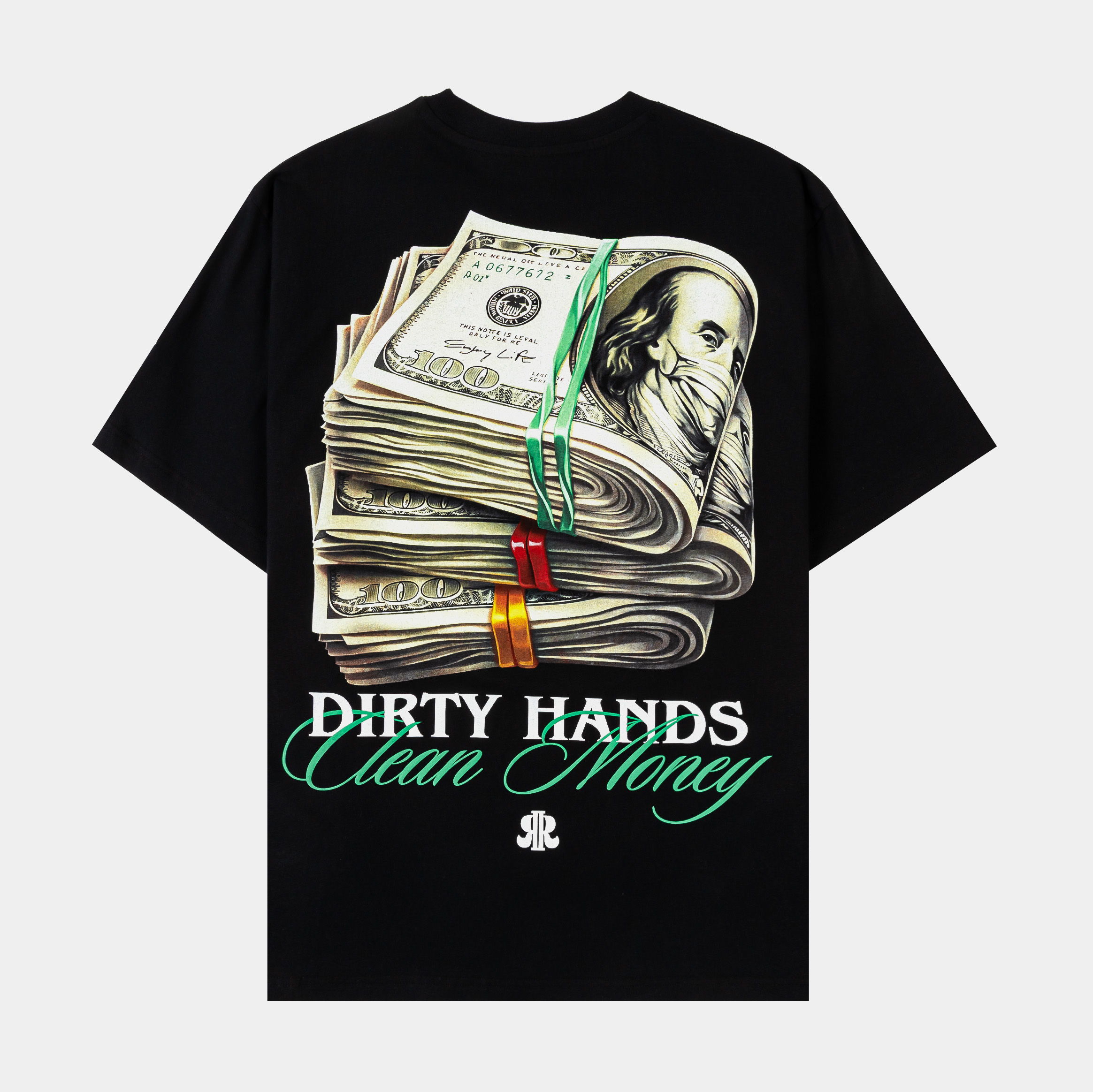 Black t-shirt featuring hands holding money and gold chains.