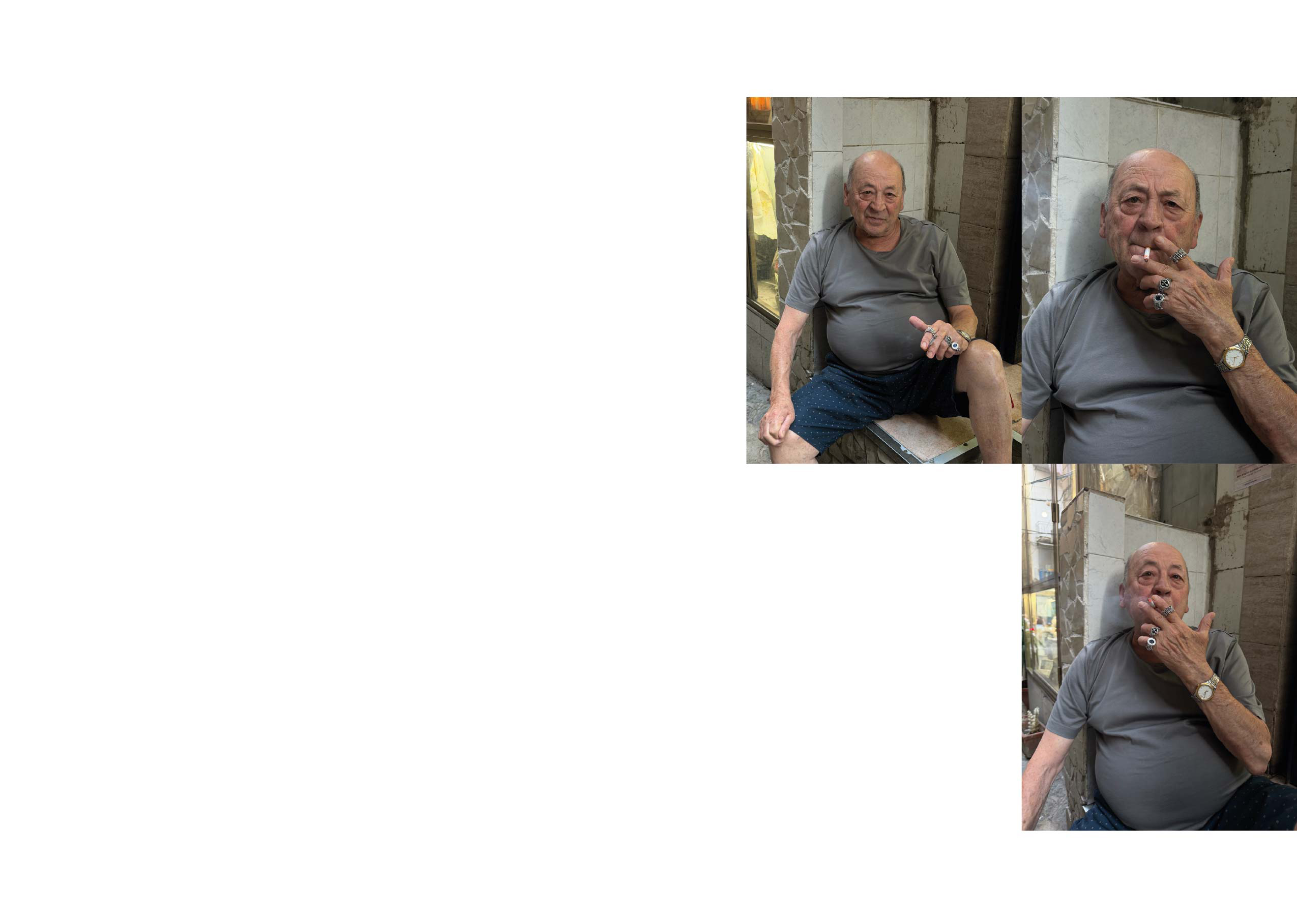 An elderly man sitting and smoking, with three images in a collage.