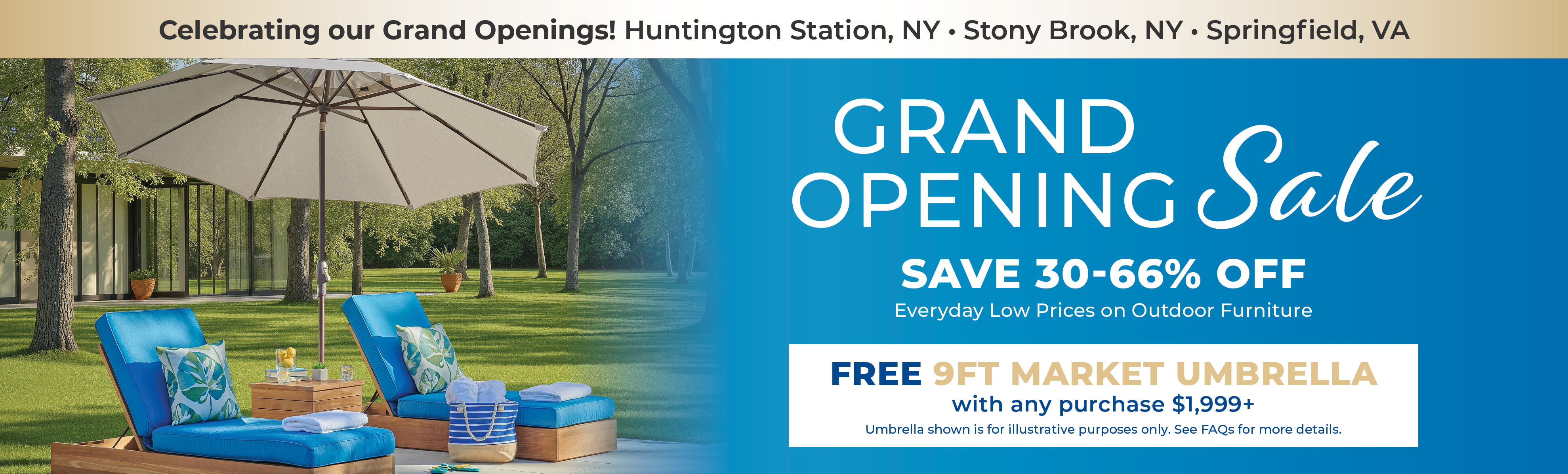 Grand opening sale with discounts and free umbrella offer.