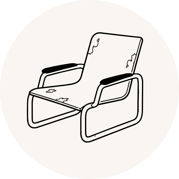 Outdoor chair illustration with peeling finish, representing faded powder coating, oxidation, and finish failure from prolonged UV exposure.