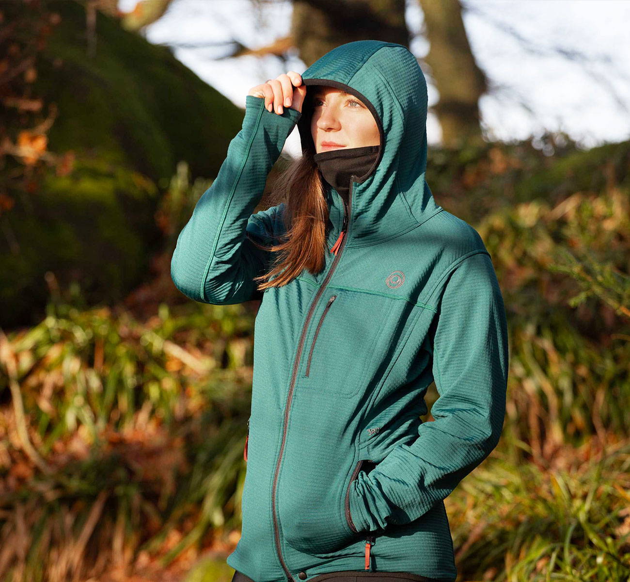 Our model Emma, wearing the reach with the hood up and the bugg over her chin for extram warmth.