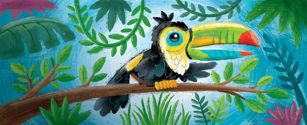Vector painting of toucan on branch surrounded by jungle scene made in Adobe Illustrator
