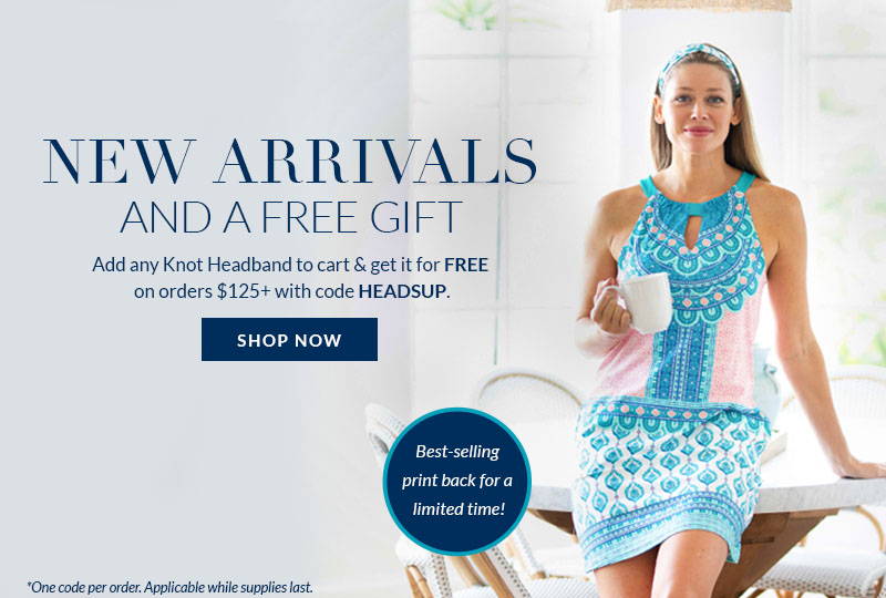 New arrivals & a free gift! Add any Knot Headband to cart & get it for FREE on orders $125+ with code HEADSUP. One code per order. Woman wearing Santorini Knot Headband and Santorini Sleeveless Shift Dress holding coffee mug.