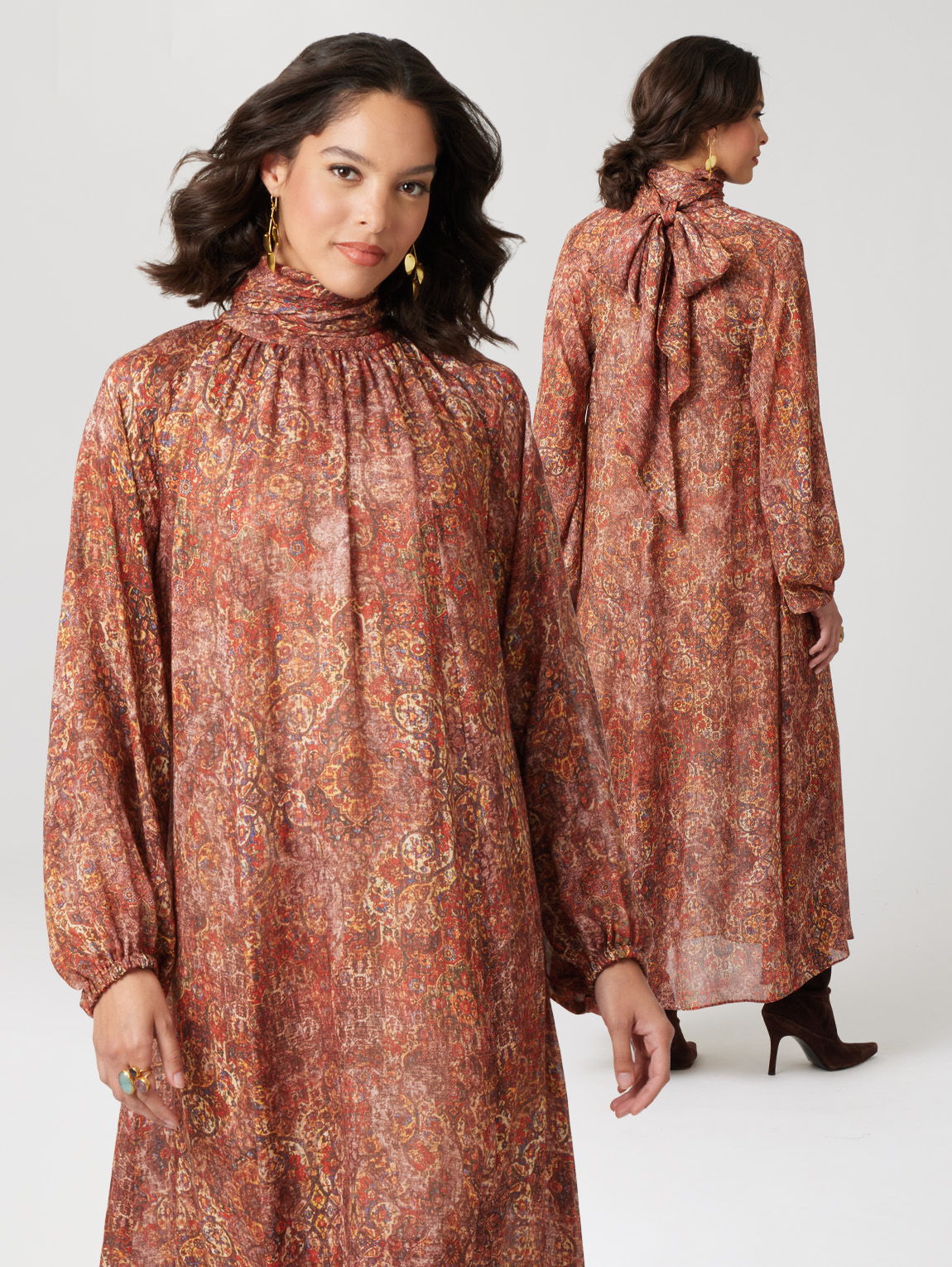 Model wearing a floral long dress, showing front and back views.