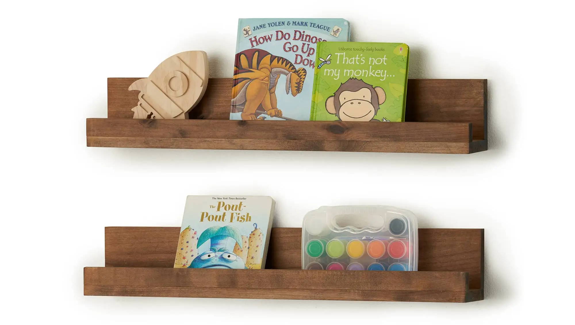 2 floating shelf with coloring books and art materials