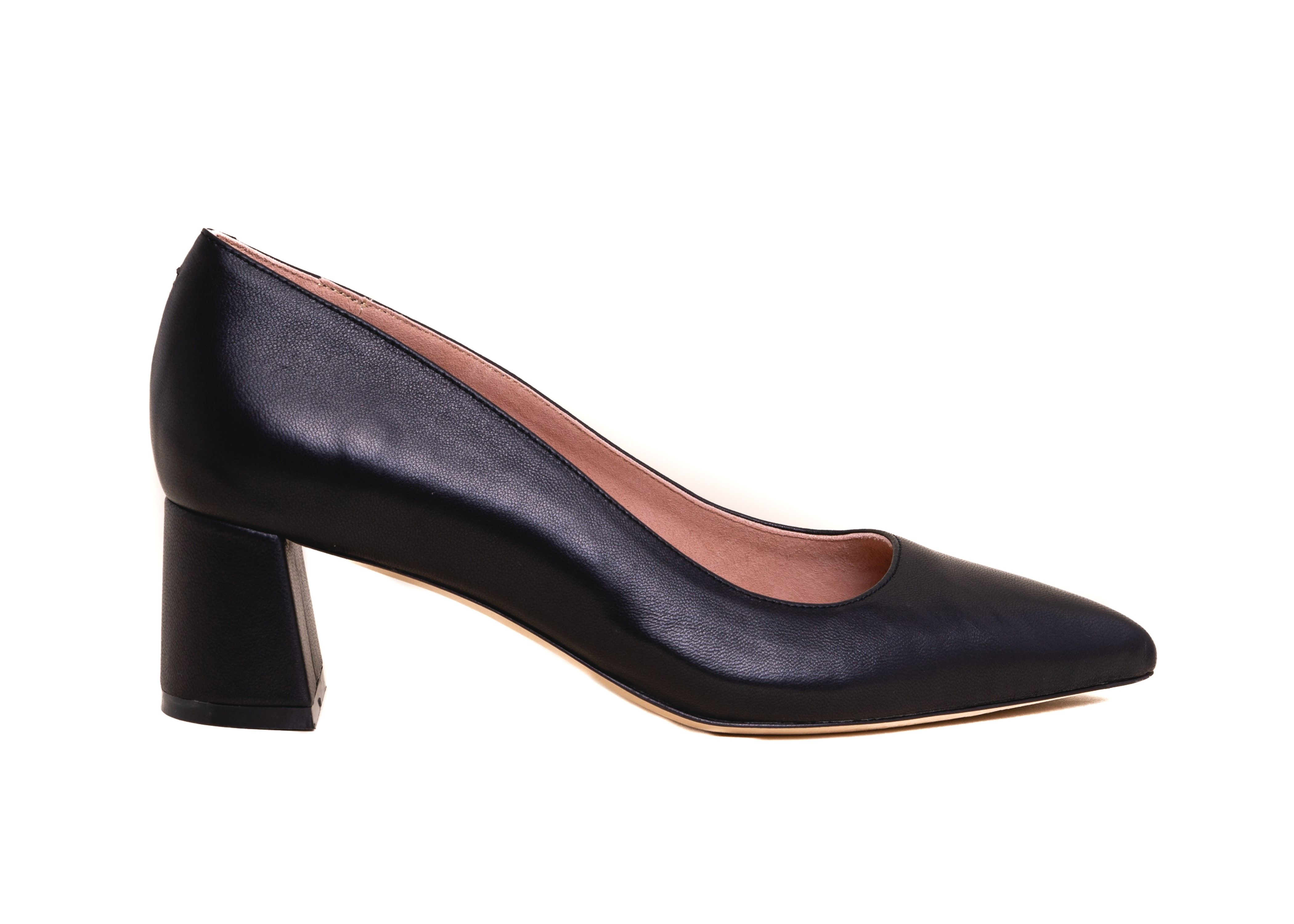Black leather high-heeled pump with a chunky block heel.