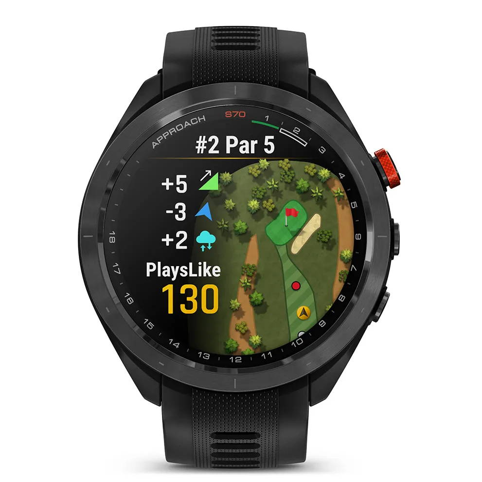 Black 47 mm Garmin Approach S70 golf watch with slope distances on display