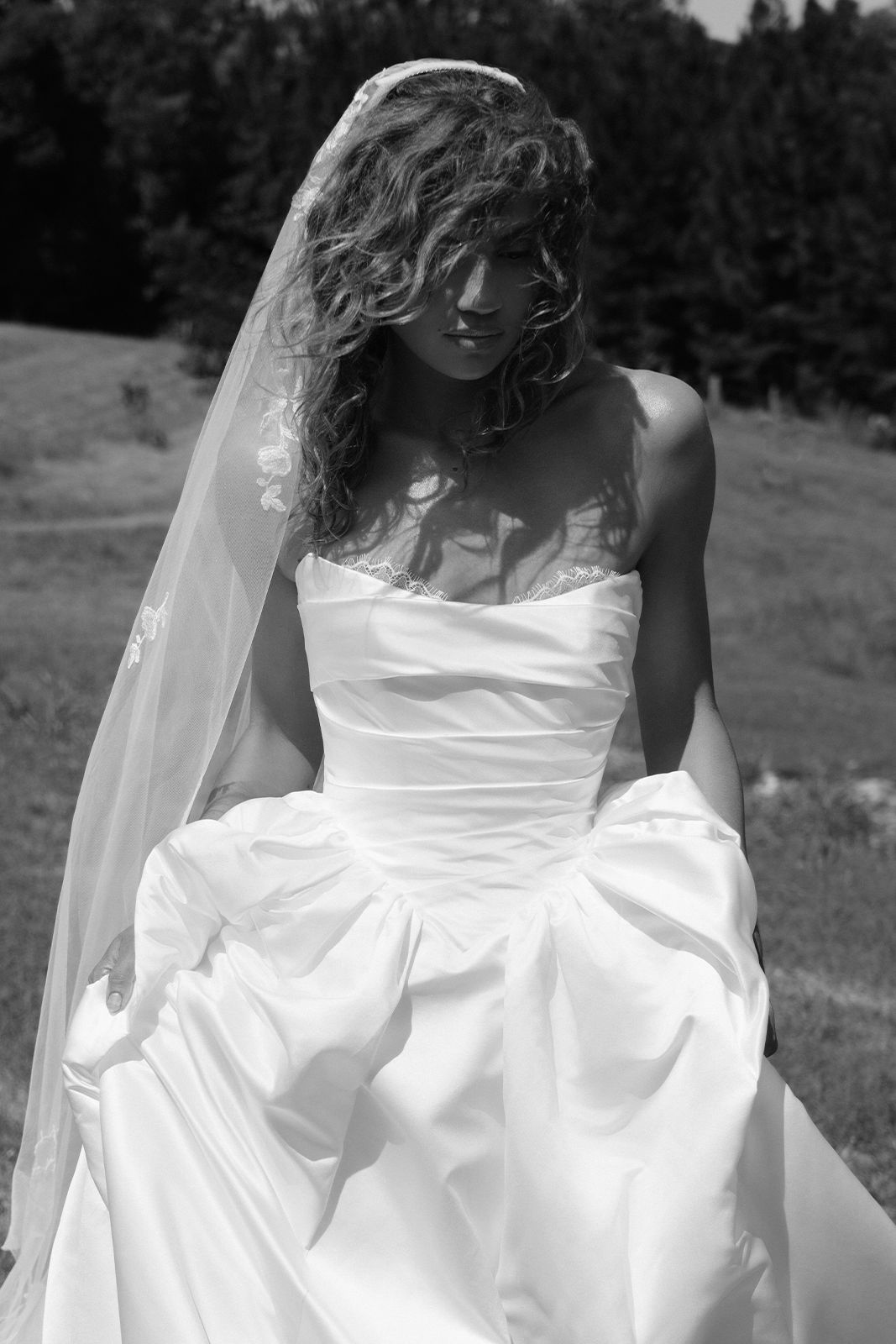 white wedding dress with black veil Cascading Cathedral Satin Trim White veils are very stark white Lauren Elaine Cherie 1980's Vintage