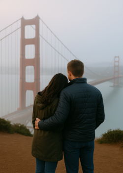 Couple embracing while overlooking the Golden Gate Bridge on a romantic San Francisco visit.