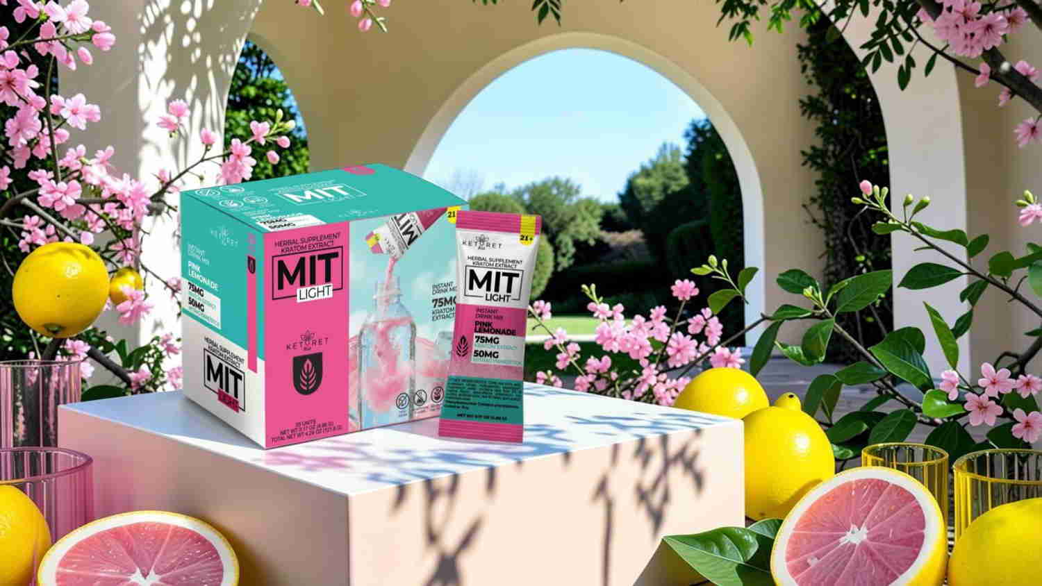 Colorful product packaging surrounded by flowers and fruits in a scenic setting.