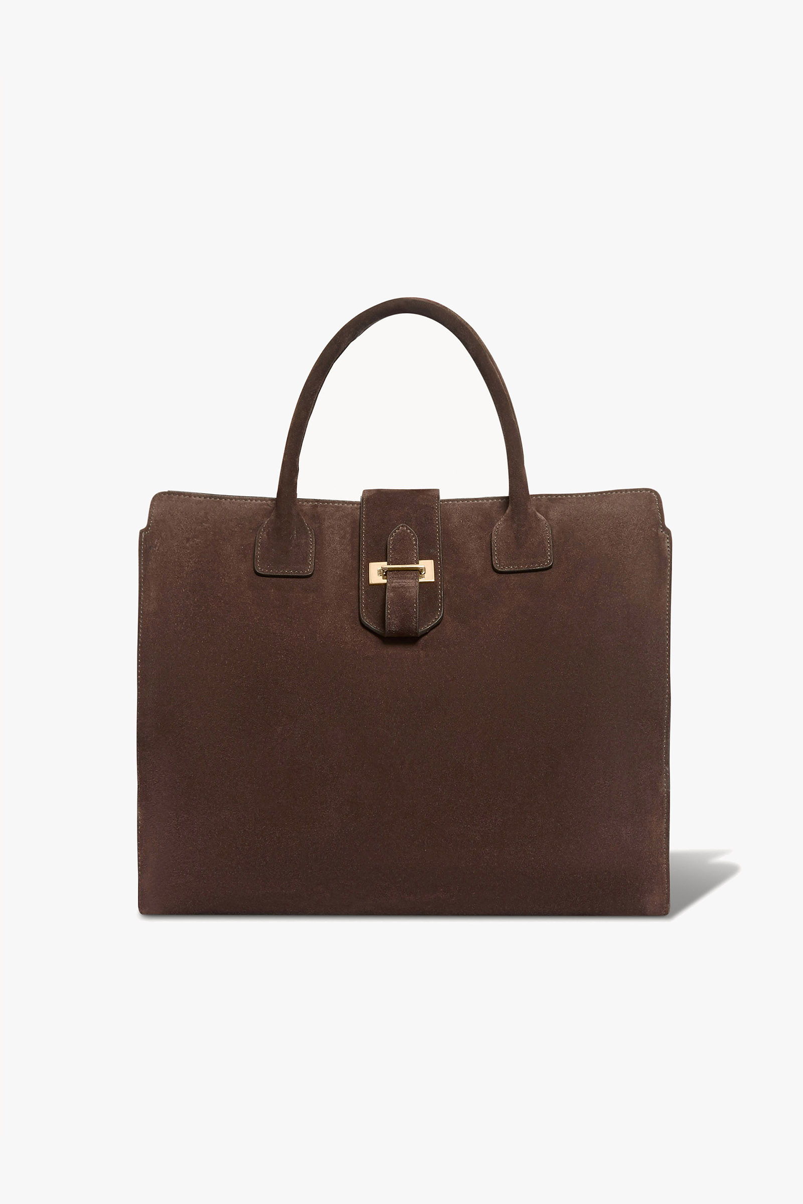 Brown leather handbag with a top handle and clasp closure.