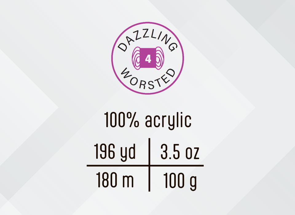 Herrschners Be-Sparkly Yarn Label. Dazzling Worsted, 100% acrylic, 196 yd, 3.5 oz, 180 m, 100 g.